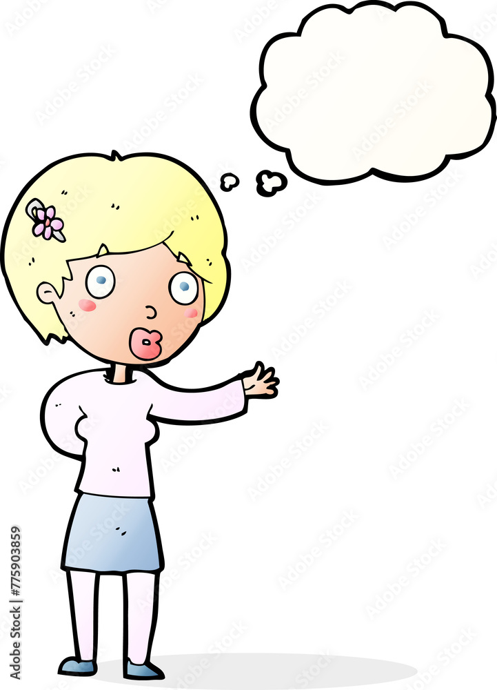 cartoon waving woman with thought bubble cartoon waving woman with thought bubble