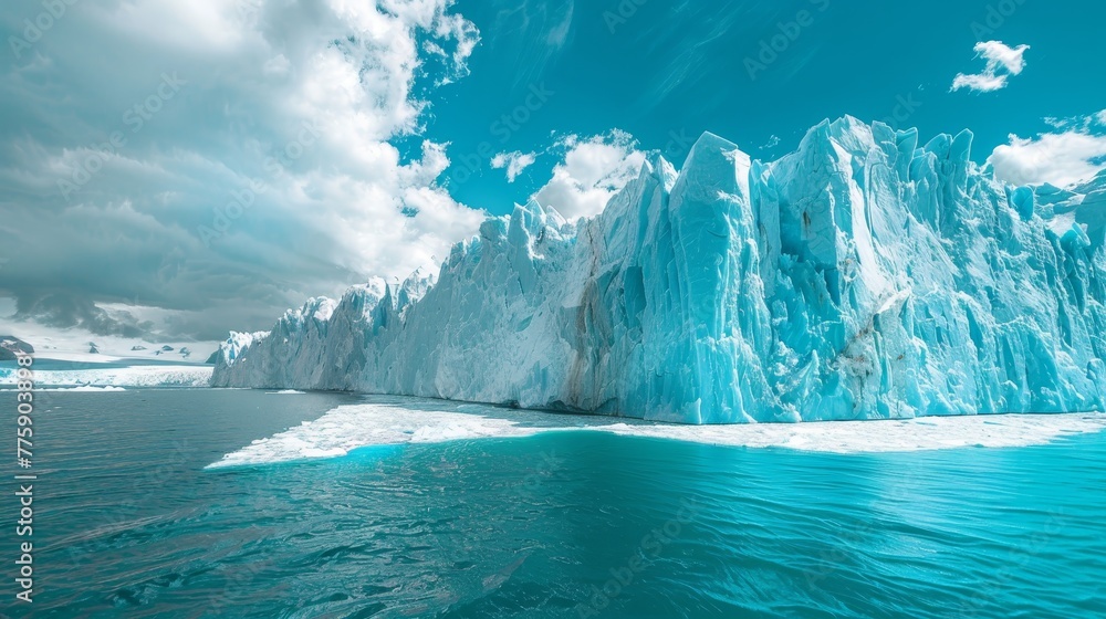 A large ice wall is in the background of a blue ocean. The sky is cloudy, but the water is still and calm A large ice wall is in the background of a blue ocean. The sky is cloudy, but the water is still and calm