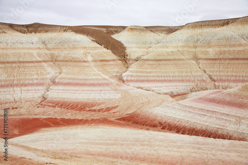 Unique geological feature known as tiger-striped mountains, showcasing layers of sedimentary rock in warm tones that resemble the stripes of a tiger