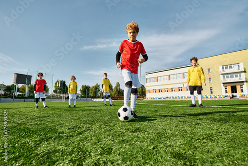 A dynamic scene unfolds as a group of young boys energetically kick around a soccer ball, showcasing their skills and teamwork on the field.