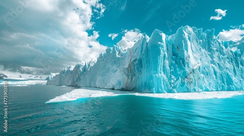 A large ice wall is in the background of a blue ocean. The sky is cloudy, but the water is still and calm