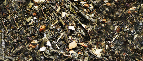 Green tea leaves texture. Herbal drink background