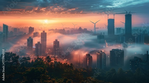 A city skyline with a foggy atmosphere and a sun setting in the background. The city is surrounded by trees and the sky is filled with clouds