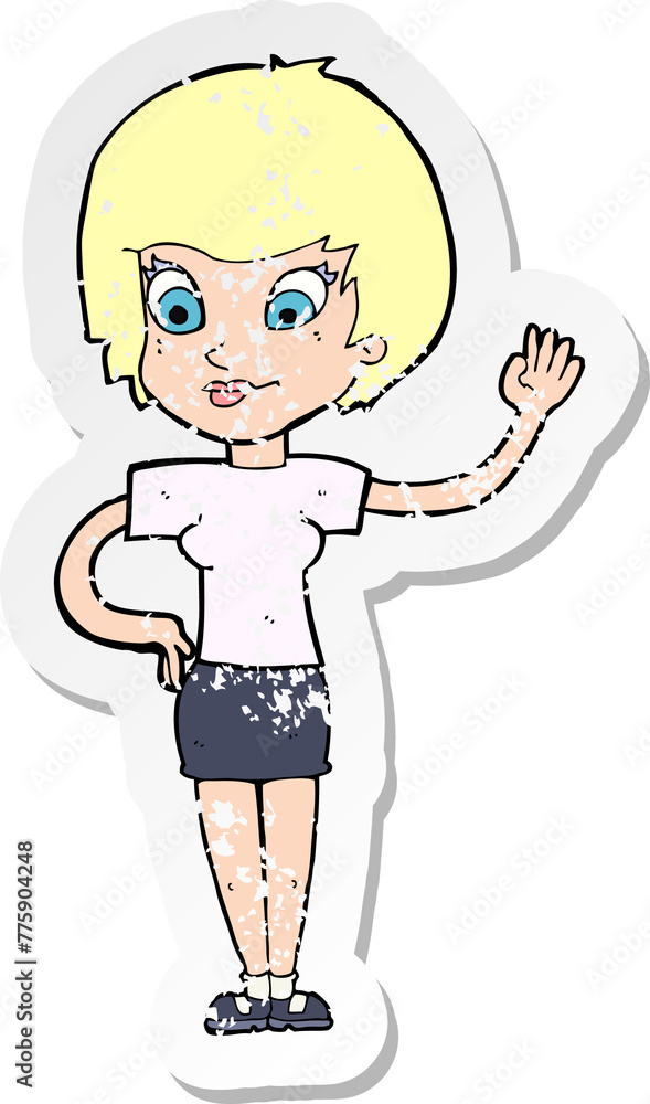retro distressed sticker of a cartoon woman waving retro distressed sticker of a cartoon woman waving
