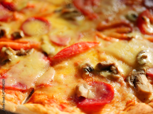 Close up baked pizza. Italian cuisine 