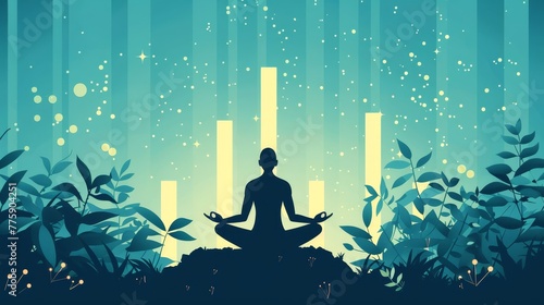 A man is sitting in a forest, surrounded by trees and plants. Concept of peace and tranquility, as the man is meditating in a natural setting. The lush green foliage