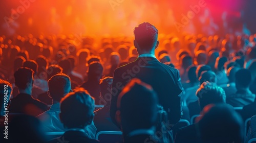 A man stands in front of a crowd of people, looking at the camera. Concept of anticipation and excitement, as the man is about to deliver an important message or announcement to the audience