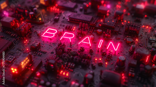 On top of a sophisticated chip, there is a hologram consisting of 5 letters "BRAIN", Unreal Engine rendering, depth of field effect, 3D