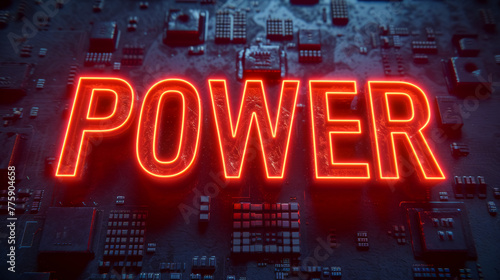 On top of a sophisticated chip, there is a hologram consisting of 5 letters "POWER", Unreal Engine rendering, depth of field effect, 3D