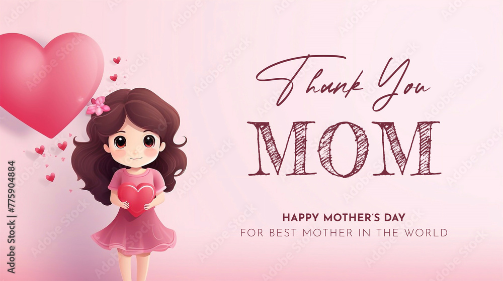 Happy Mother's Day Poster Design with Little Girl Holding Red Heart Happy Mother's Day Poster Design with Little Girl Holding Red Heart