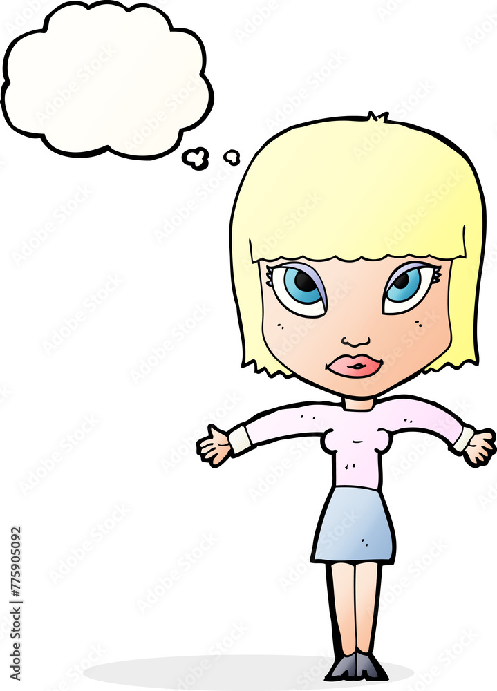 cartoon woman shrugging with thought bubble cartoon woman shrugging with thought bubble