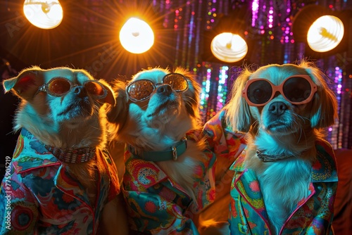 trio of pugs in retro shirts and sunglasses at a vibrant club scene