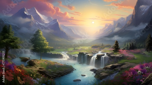 A panoramic view of a waterfall in the mountains at sunset