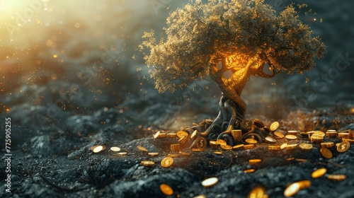 A tree with gold coins scattered around it. Scene is mysterious and intriguing. The gold coins scattered around the tree give the impression of a hidden treasure or a secret waiting to be discovered