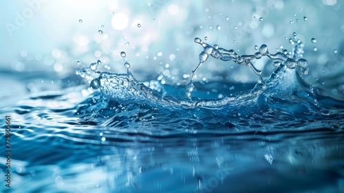 A splash of water in the air with a blue background. The water is falling in a circular motion