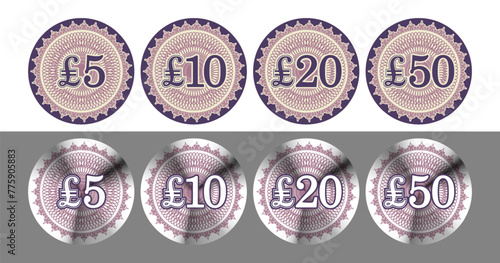 Vector set of round price tags. Denominations of 5, 10, 20 and 50 pounds. Holograms. Guilloche, mesh patterns. Collection of Stickers or badges.