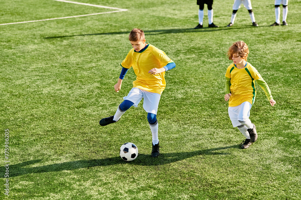 Obraz premium A vibrant scene unfolds as a dynamic group of young boys engage in an exhilarating game of soccer, showcasing their skills, teamwork, and sheer joy of playing together.