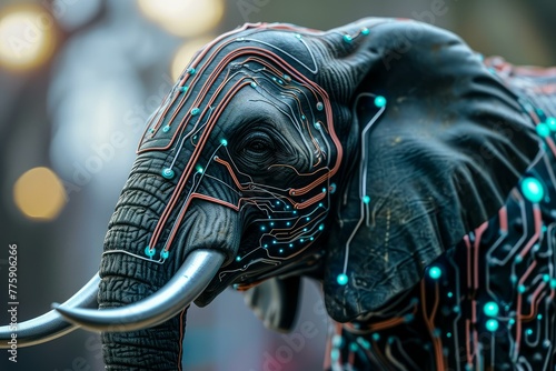 Distinctive Ai elephant head. Futuristic animal nature. Generate Ai
