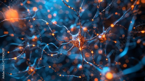 A close up of a brain with many neurons. The neurons are orange and blue #775906281
