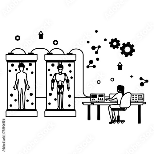 Behavior Cloning and Replay of Humanoid Robot concept, Futuristic laboratory with cryogenic capsules vector design, robotic science symbol, special purpose machine sign, cyborg illustration