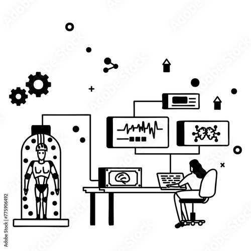 humanoid bioreactor concept,  tissue engineering culture strategies mechanical cues vector icon design, robotic science symbol, special purpose machine sign, Humanoid robot stock illustration