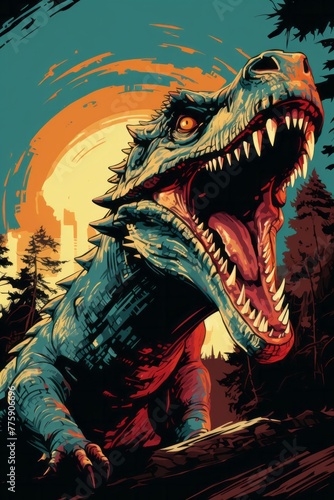 The poster features a dinosaur with its mouth wide open, showcasing its mighty roar. The creature appears fierce and powerful, capturing a moment of primal aggression © Vit