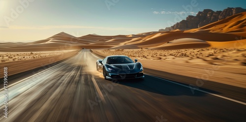 driving fast modern car through desert