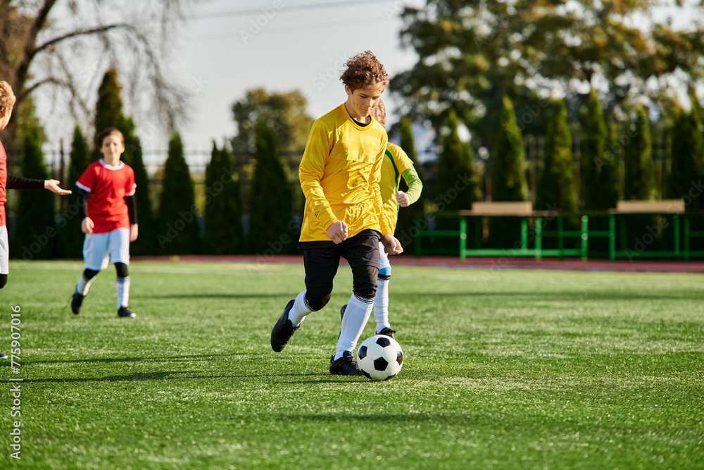 A group of young boys enthusiastically playing a game of soccer on a field. They are running, kicking, passing, and dribbling the ball with skill and excitement. A group of young boys enthusiastically playing a game of soccer on a field. They are running, kicking, passing, and dribbling the ball with skill and excitement.
