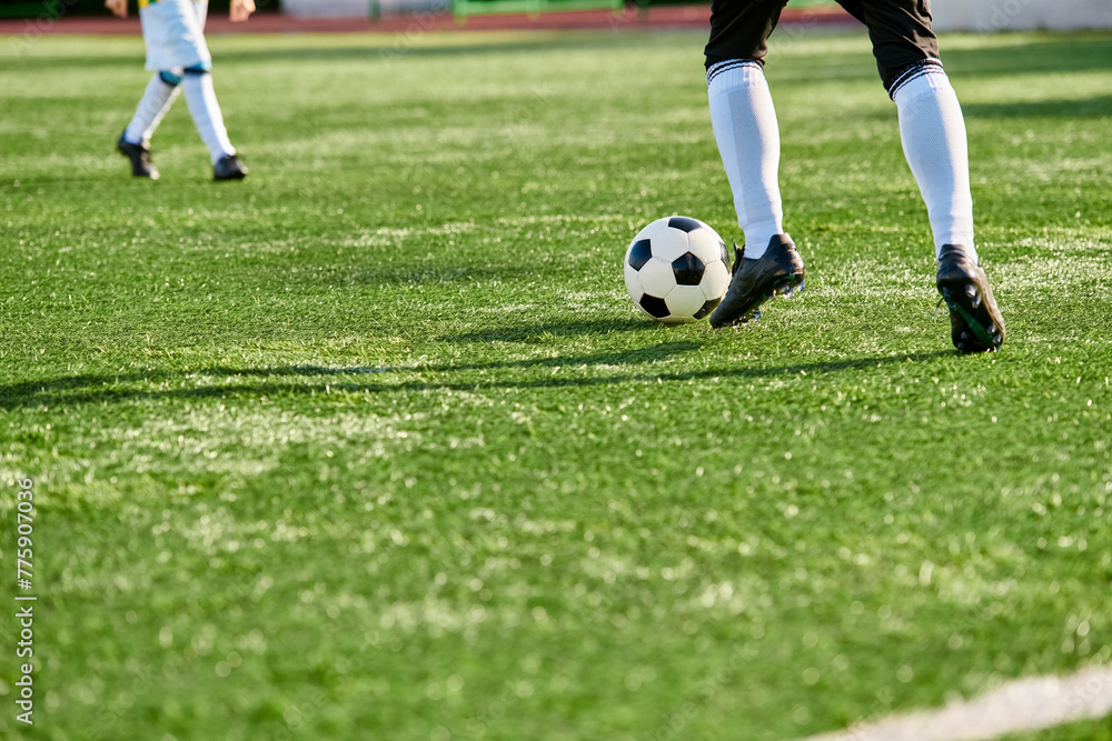 A dynamic scene unfolds as a diverse group of young men passionately compete in a game of soccer, showcasing their skills and teamwork on the field.