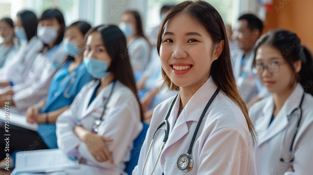 Cheerful Nurse and Doctor Relaxing in Seminar Training Class Cheerful Nurse and Doctor Relaxing in Seminar Training Class