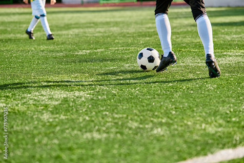 A dynamic scene unfolds as a diverse group of young men passionately compete in a game of soccer, showcasing their skills and teamwork on the field.