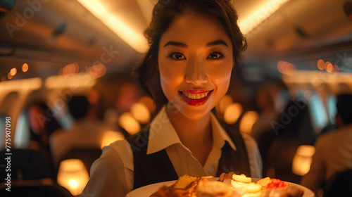 Happy flight hostess with meal