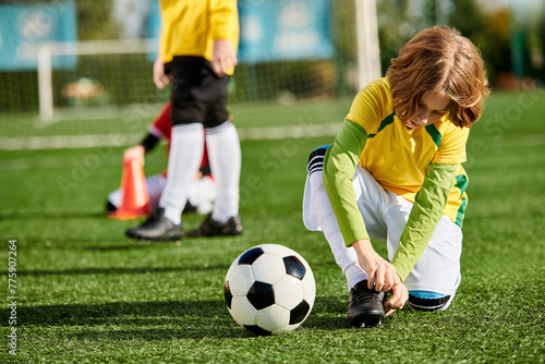 A little girl with pigtails happily plays with a soccer ball on a vibrant green field, kicking, dribbling, and practicing her skills.