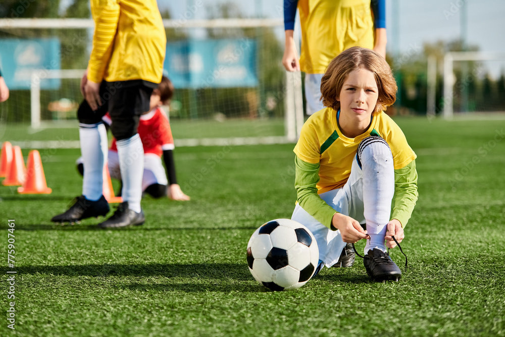 A young girl energetically plays soccer on a field, confidently dribbling the ball and aiming for the goal. 