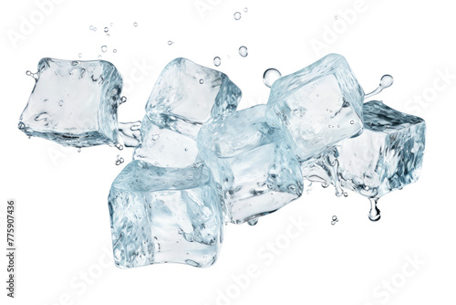 Ethereal Dance: Ice Cubes Cascading Into Pristine Water. White or PNG Transparent Background.