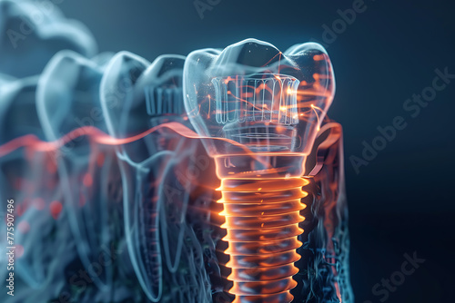 Cutting-edge wireframe-based visualization featuring a glowing translucent background, highlighting the intricate details of a dental implant, perfect for dental health concepts and medical presentati