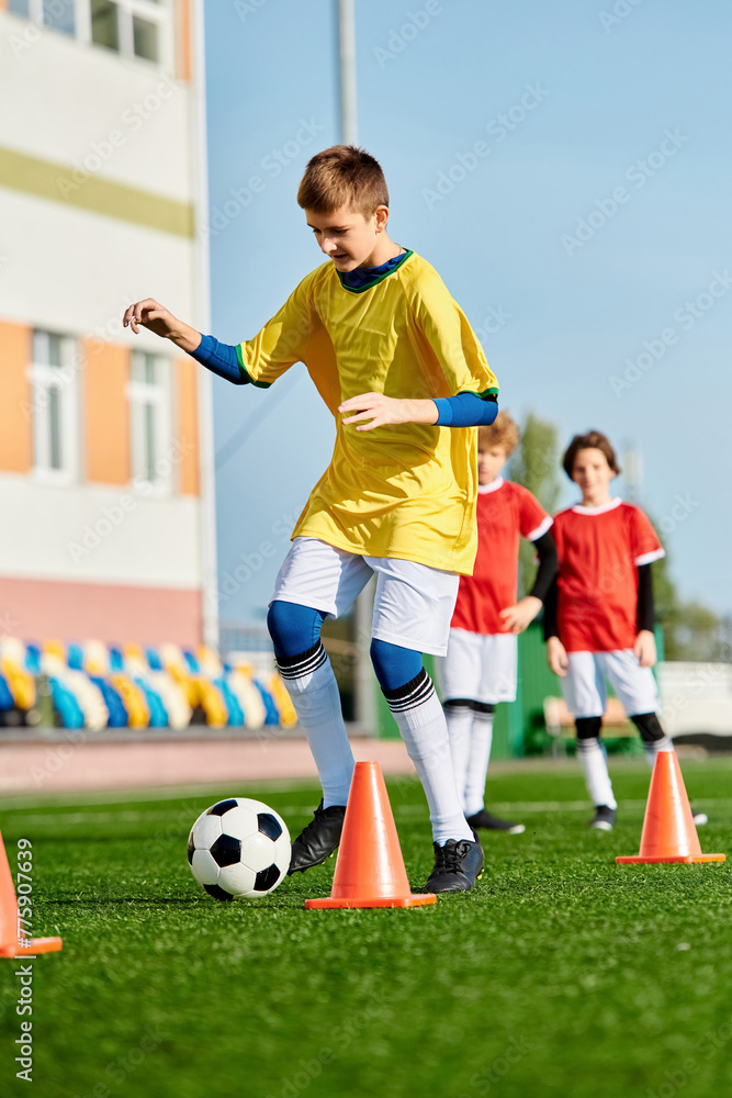 A lively group of young boys kicking a soccer ball around cones on a vibrant field, showcasing teamwork and skill in action.