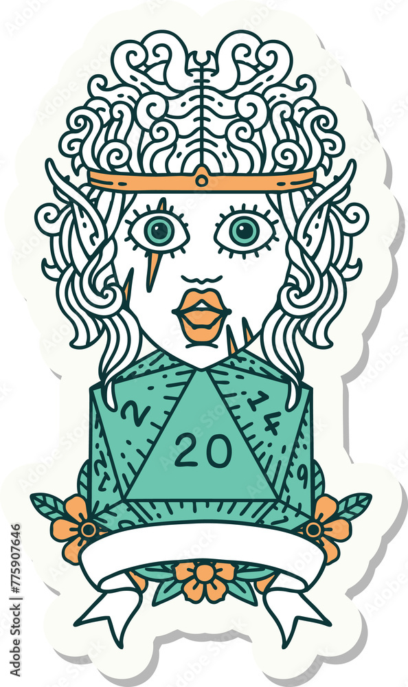 sticker of a elf barbarian character with natural twenty dice roll sticker of a elf barbarian character with natural twenty dice roll