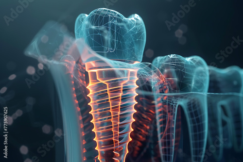 Cutting-edge wireframe-based visualization featuring a glowing translucent background, highlighting the intricate details of a dental implant, perfect for dental health concepts and medical presentati