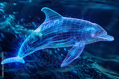 Illuminated wireframe-based visualization set against a luminous translucent backdrop, showcasing the elegance of a dolphin, perfect for modern design and marine-themed projects