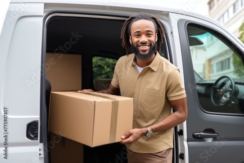 Man with beard holds cardboard box with packaged goods making home delivery. Delivery male person stands near work vehicle with open car trunk performing duties. Adult looks attentively at client.