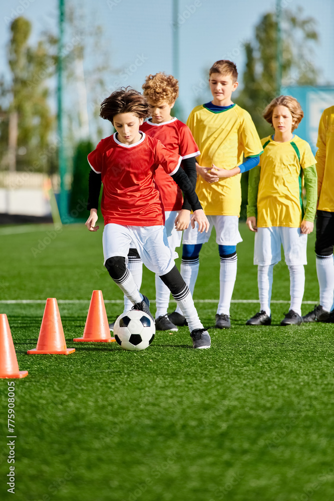 Obraz premium A group of vibrant young children playing an enthusiastic game of soccer on a grassy field. They are running, kicking, passing, and celebrating goals in a lively and dynamic manner.