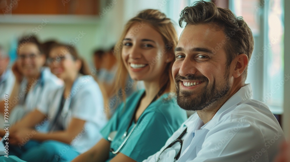 Cheerful Nurse and Doctor Relaxing in Seminar Training Class Cheerful Nurse and Doctor Relaxing in Seminar Training Class