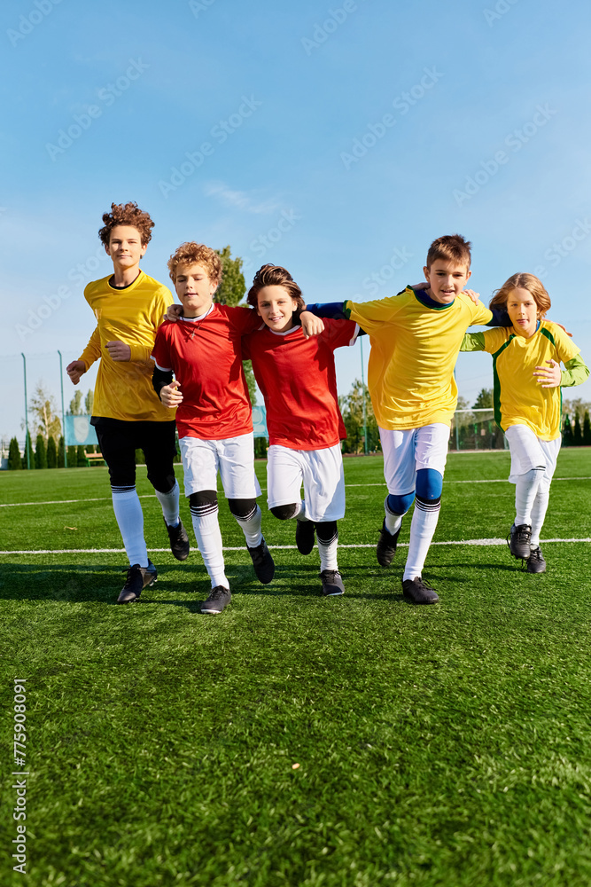 A diverse group of young people stands proudly on the top of a green soccer field, showcasing unity and camaraderie in their athletic pursuits. A diverse group of young people stands proudly on the top of a green soccer field, showcasing unity and camaraderie in their athletic pursuits.
