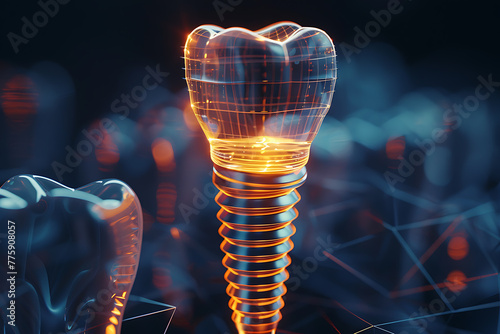 Cutting-edge wireframe-based visualization featuring a glowing translucent background, highlighting the intricate details of a dental implant, perfect for dental health concepts and medical presentati © River Girl