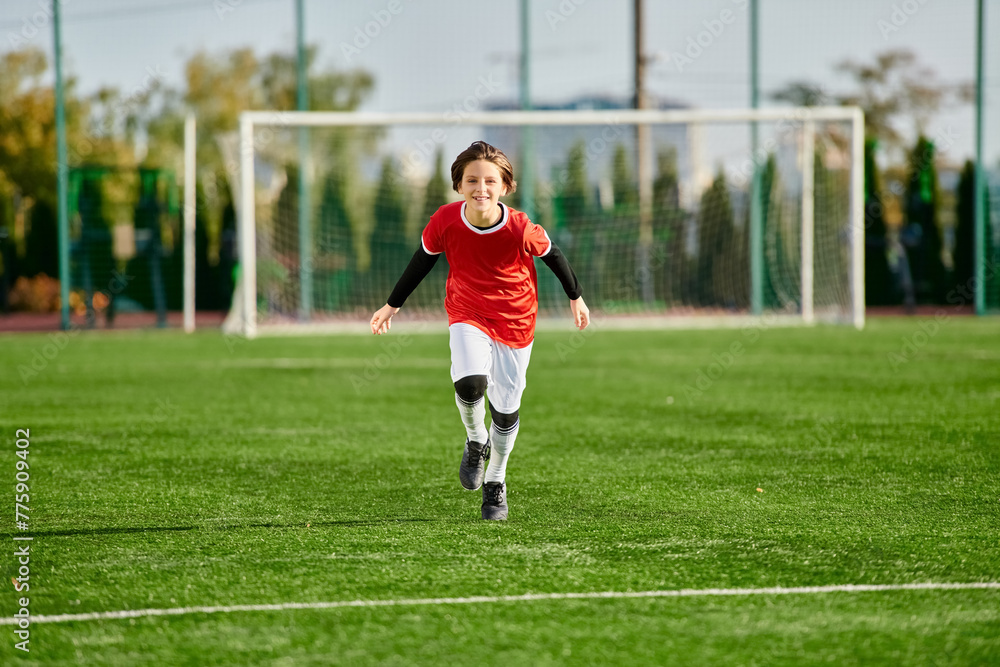 A young boy with boundless energy races across the green soccer field, his determination evident in every stride he takes towards the goalpost.