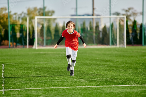 A young boy with boundless energy races across the green soccer field, his determination evident in every stride he takes towards the goalpost.