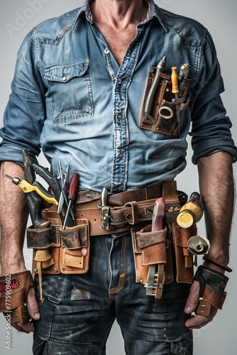 man with tool belt. various tools on the belt. generative ai