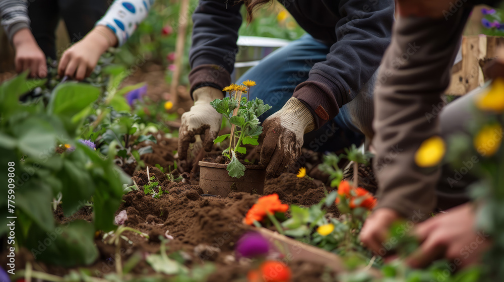 Fototapeta premium Close-up shot of gardeners' hands using a trowel to transplant a flowering plant into enriched soil