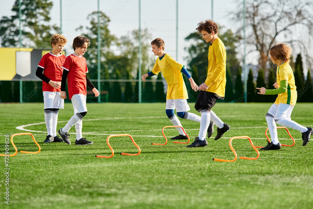 A lively group of young boys engage in a spirited game of soccer, kicking the ball across the field with enthusiasm and skill.